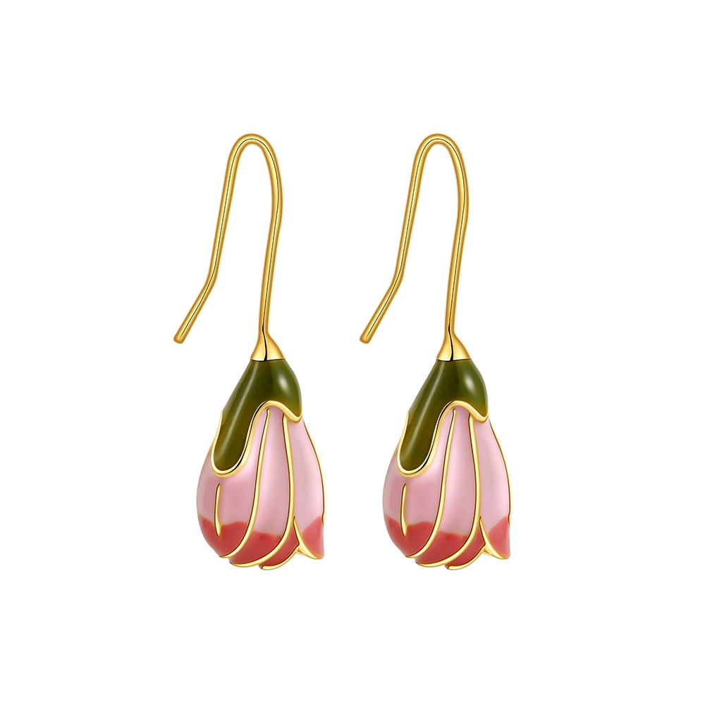 Pink Tulip Enamel Flower Copper Drop Earrings - Vintage French Style