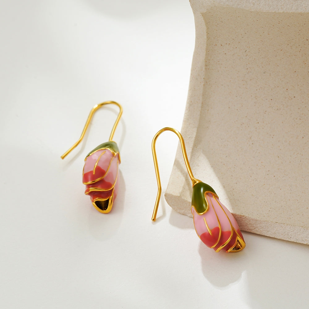 Pink Tulip Enamel Flower Copper Drop Earrings - Vintage French Style