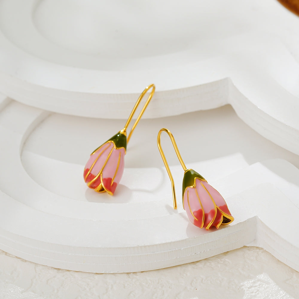 Pink Tulip Enamel Flower Copper Drop Earrings - Vintage French Style