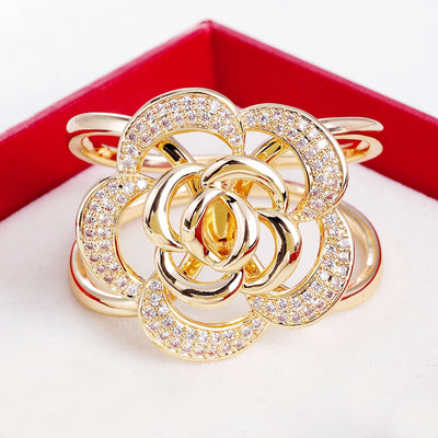 Sweet Camellia Flower Rhinestone Inlay Stainless Steel Scarf and Belt Ring