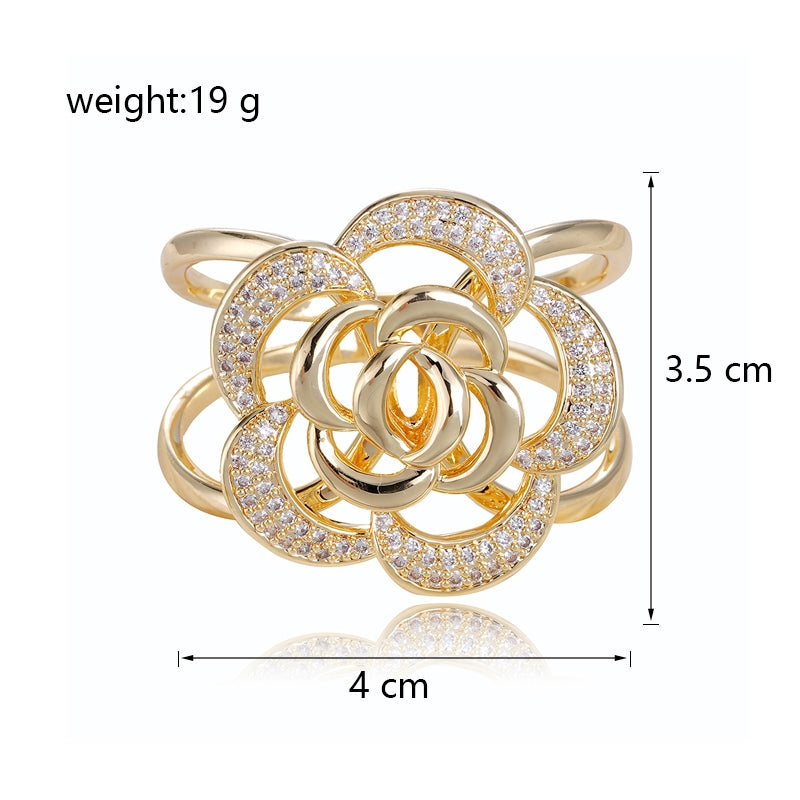 Sweet Camellia Flower Rhinestone Inlay Stainless Steel Scarf and Belt Ring