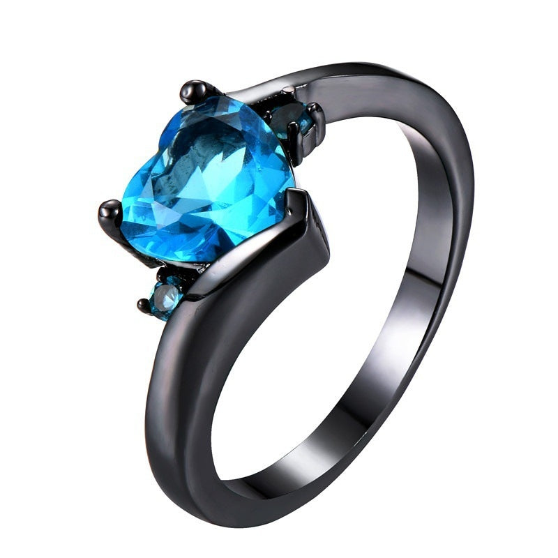 Sweet Heart Shape Blue Gemstone Black Gold Women's Ring