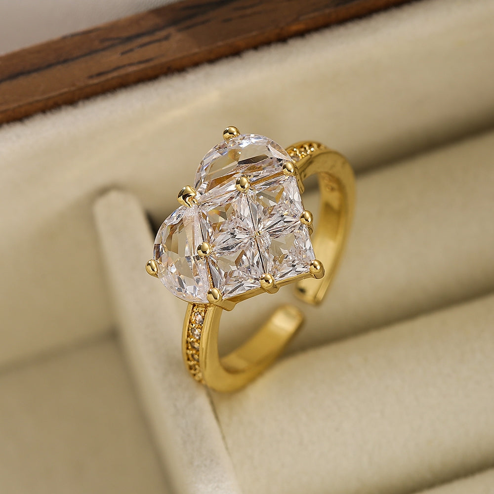 18k Gold Plated Zircon Heart Geometric Open Ring