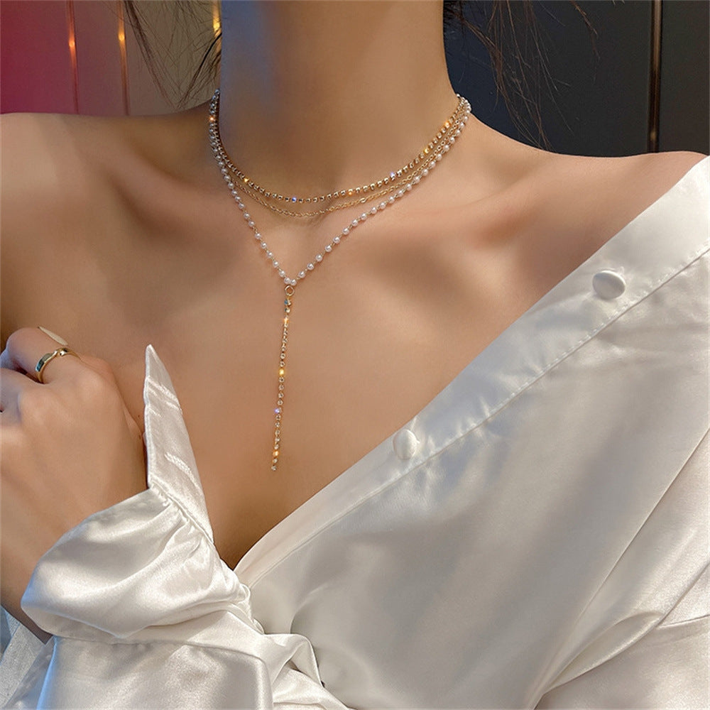 Elegant Layered Rhinestone and Pearl Y-Chain Necklace for Women