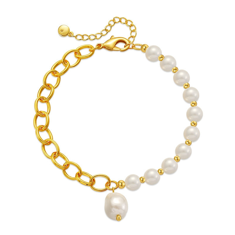 18k Gold Plated Pearl and Shell Bead Bracelet with O-Shaped Chain