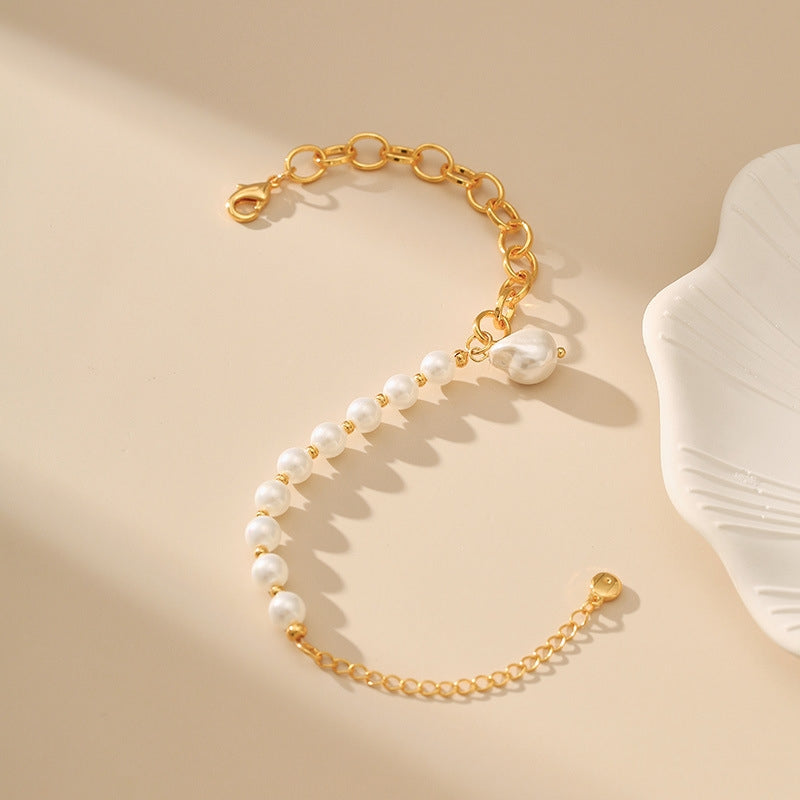 18k Gold Plated Pearl and Shell Bead Bracelet with O-Shaped Chain