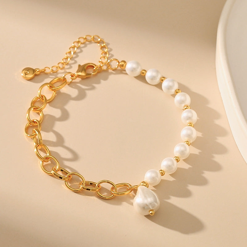 18k Gold Plated Pearl and Shell Bead Bracelet with O-Shaped Chain