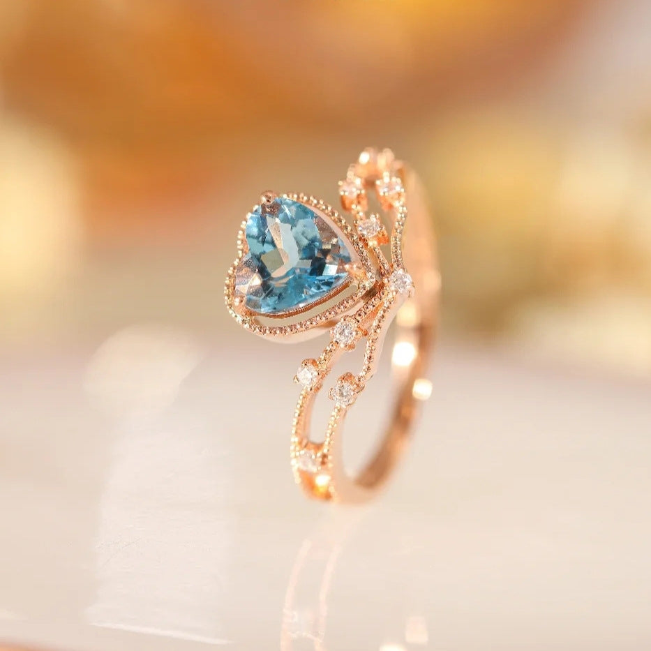 TikTok Live Stream Colored Gem Open Ring - Saint Mary Topaz Blue Heart Ring for Women