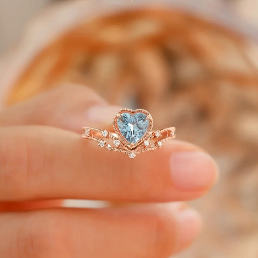 TikTok Live Stream Colored Gem Open Ring - Saint Mary Topaz Blue Heart Ring for Women