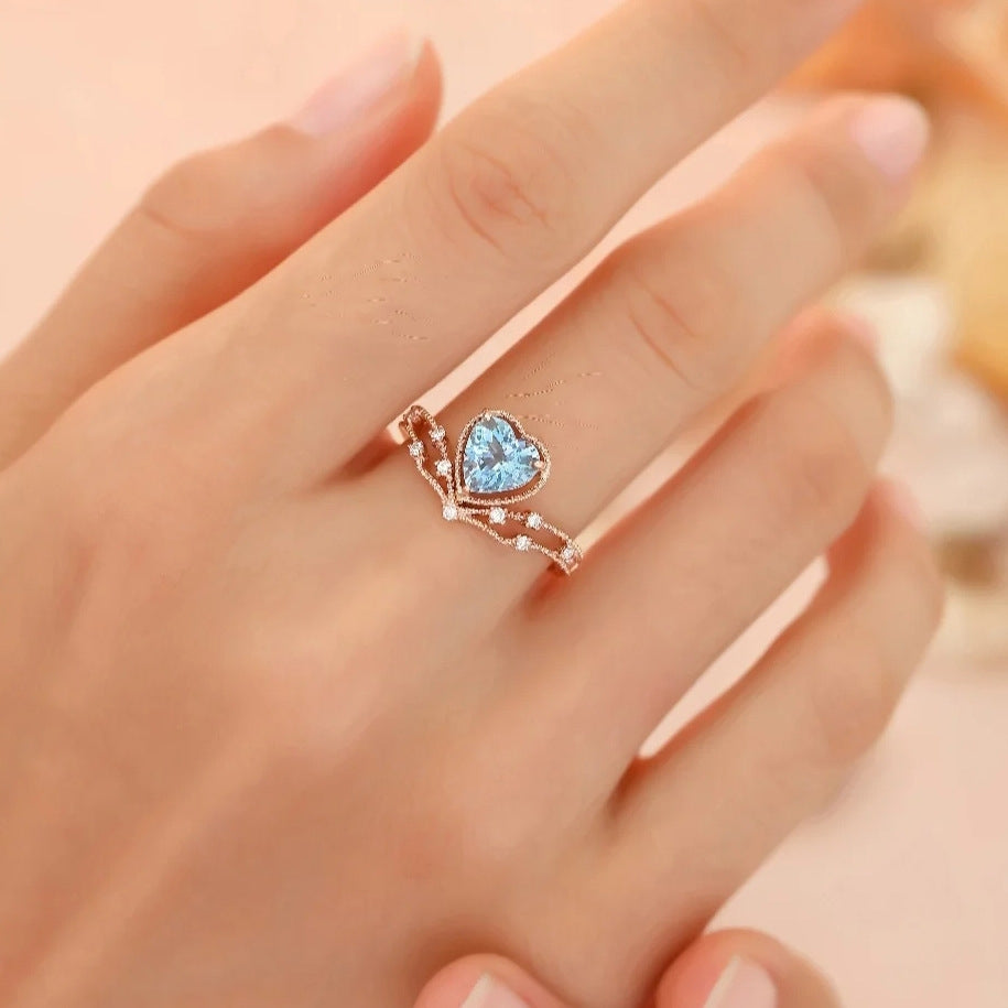 TikTok Live Stream Colored Gem Open Ring - Saint Mary Topaz Blue Heart Ring for Women