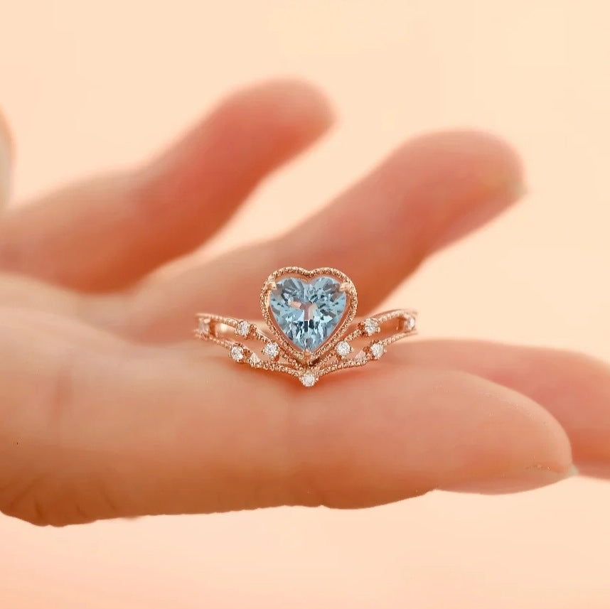 TikTok Live Stream Colored Gem Open Ring - Saint Mary Topaz Blue Heart Ring for Women