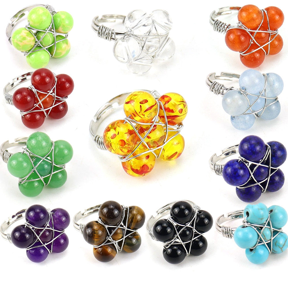 Handmade Winding Natural Crystal Stone Beaded Flower Adjustable Ring R21