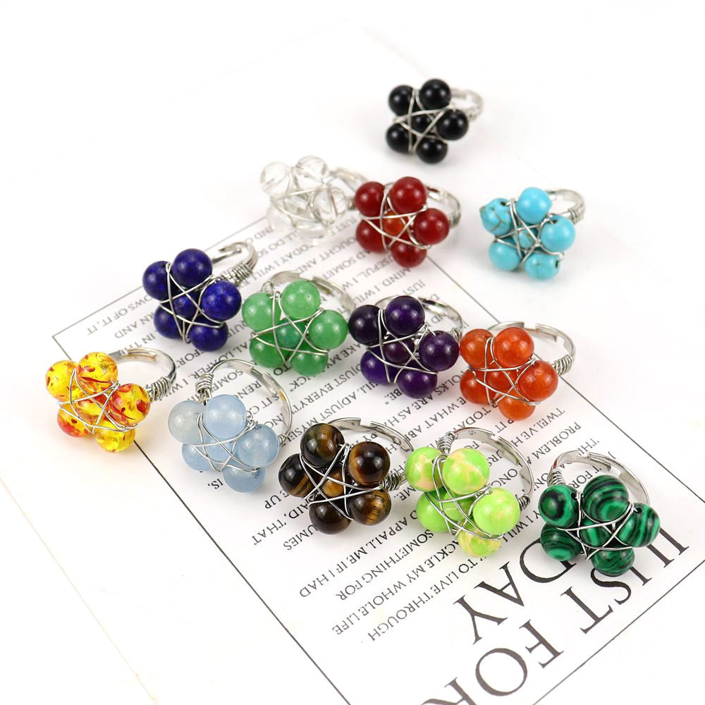 Handmade Winding Natural Crystal Stone Beaded Flower Adjustable Ring R21