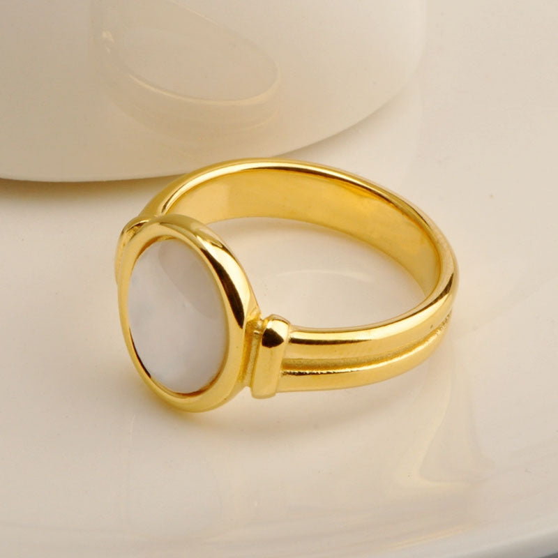 18K Gold Plated Titanium Steel Ring with Inlaid White Shell Design