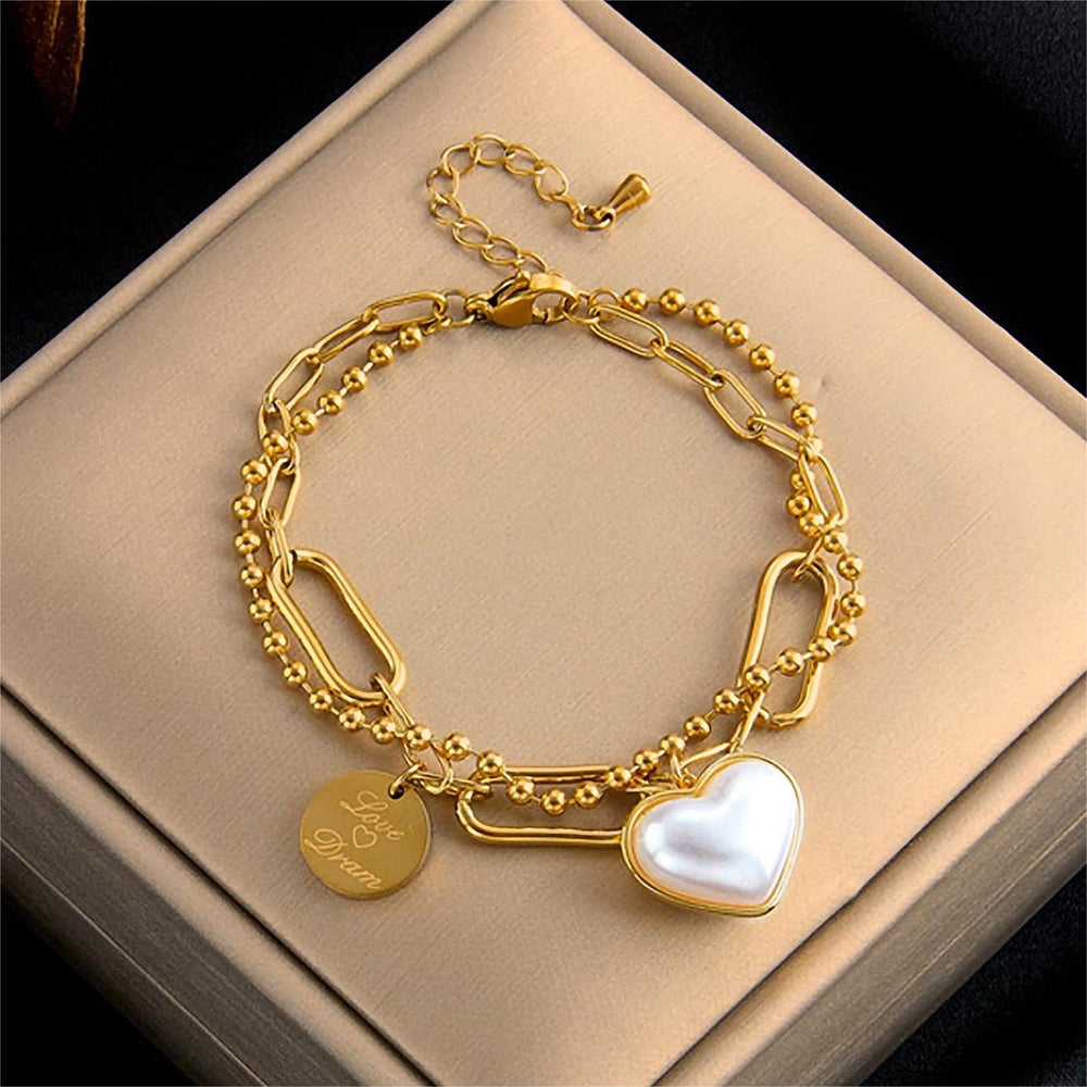 18K Gold Plated Titanium Steel Heart Shape Pearl Double-Layered Bracelet for Women