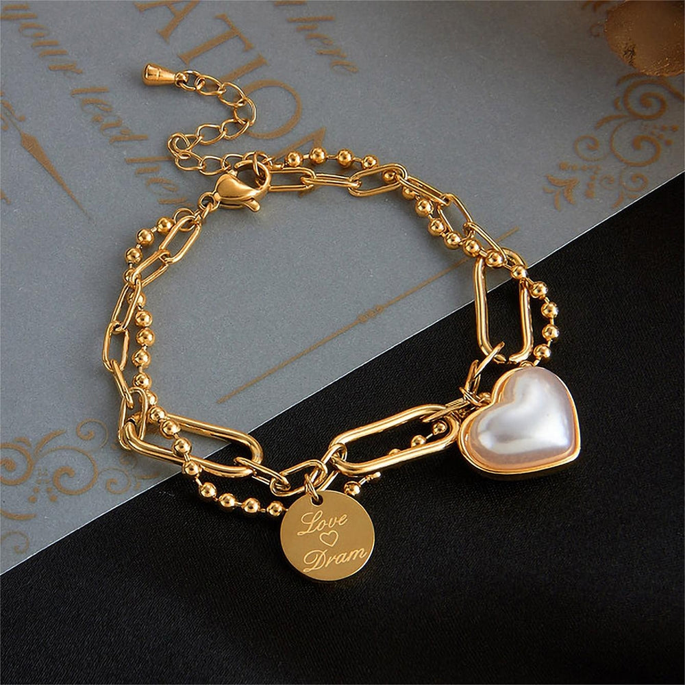 18K Gold Plated Titanium Steel Heart Shape Pearl Double-Layered Bracelet for Women