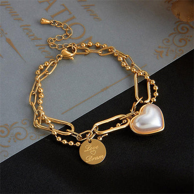 18K Gold Plated Titanium Steel Heart Shape Pearl Double-Layered Bracelet for Women