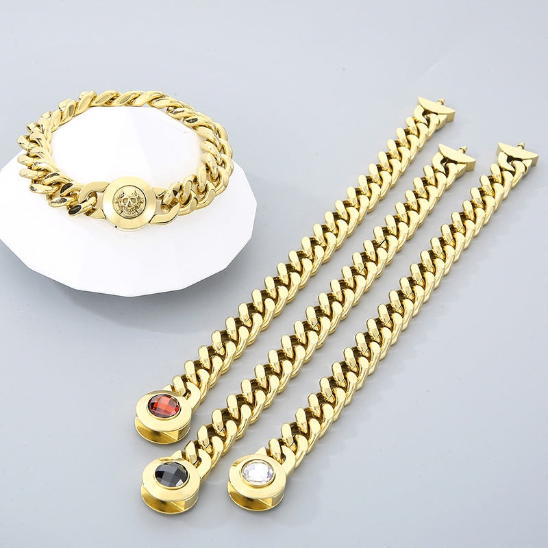 18K Gold Plated Titanium Steel Geometric Crystal Skull Necklace and Bracelet Set