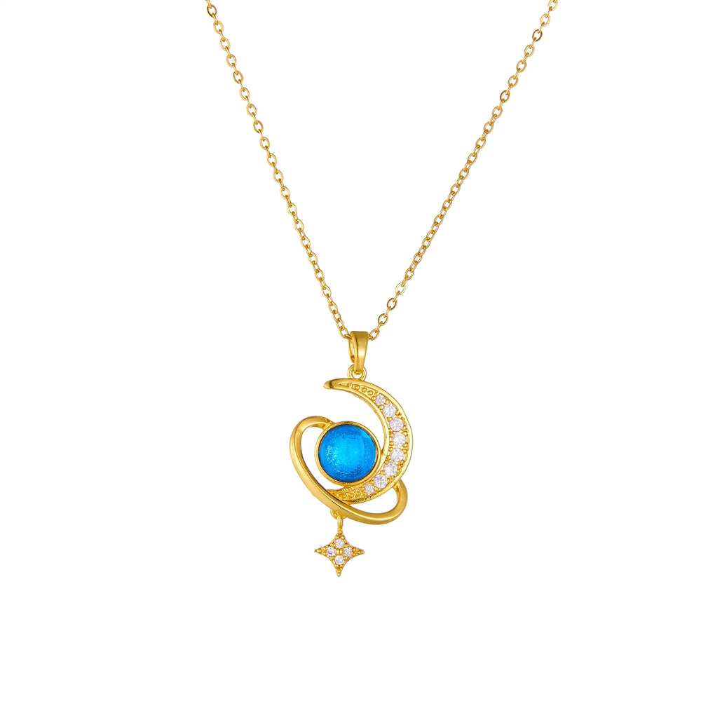 18K Gold Plated Vintage Moon and Star Pendant Necklace with Rhinestones