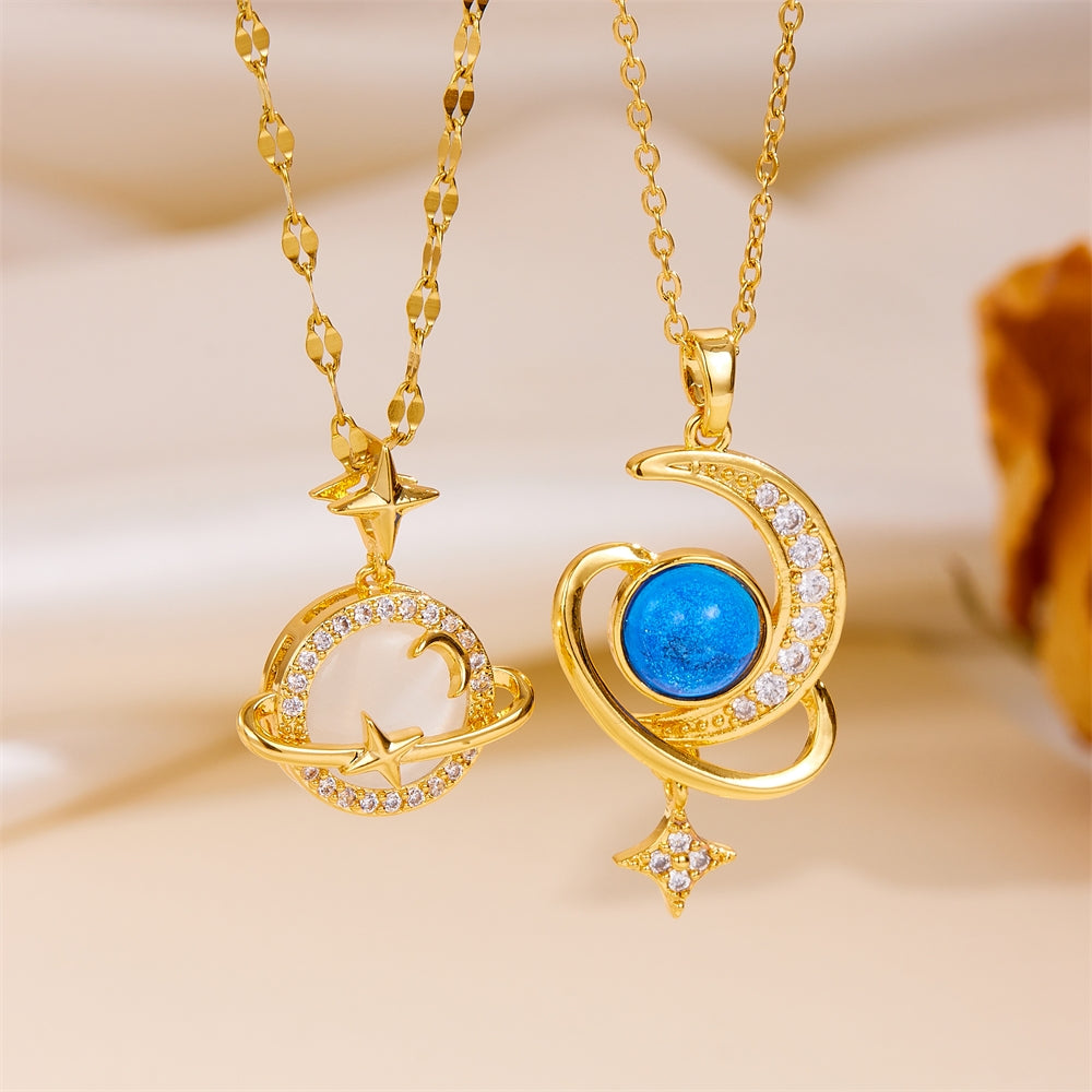 18K Gold Plated Vintage Moon and Star Pendant Necklace with Rhinestones