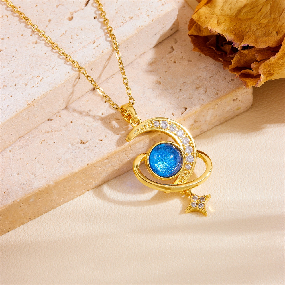 18K Gold Plated Vintage Moon and Star Pendant Necklace with Rhinestones