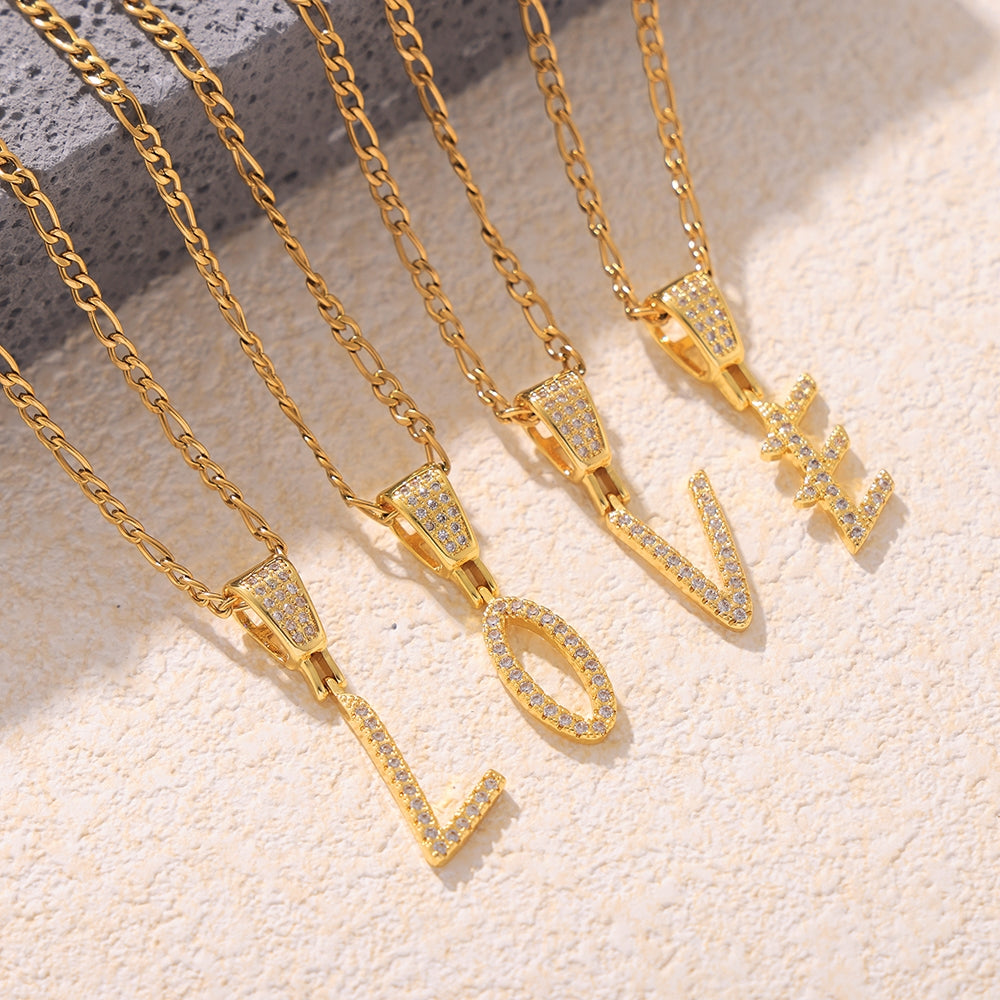 18K Gold Plated Titanium Steel Cursive Letter Pendant Necklace with Zircon Accents