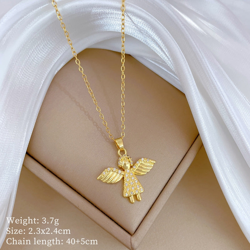 Titanium Steel Gold Plated Angel Wings Zircon Pendant Necklace