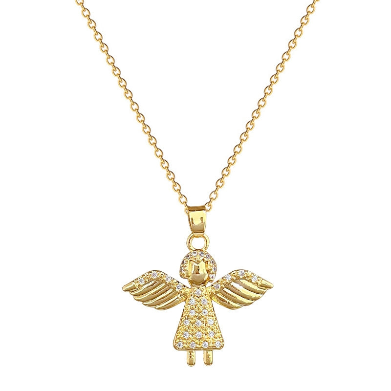 Titanium Steel Gold Plated Angel Wings Zircon Pendant Necklace