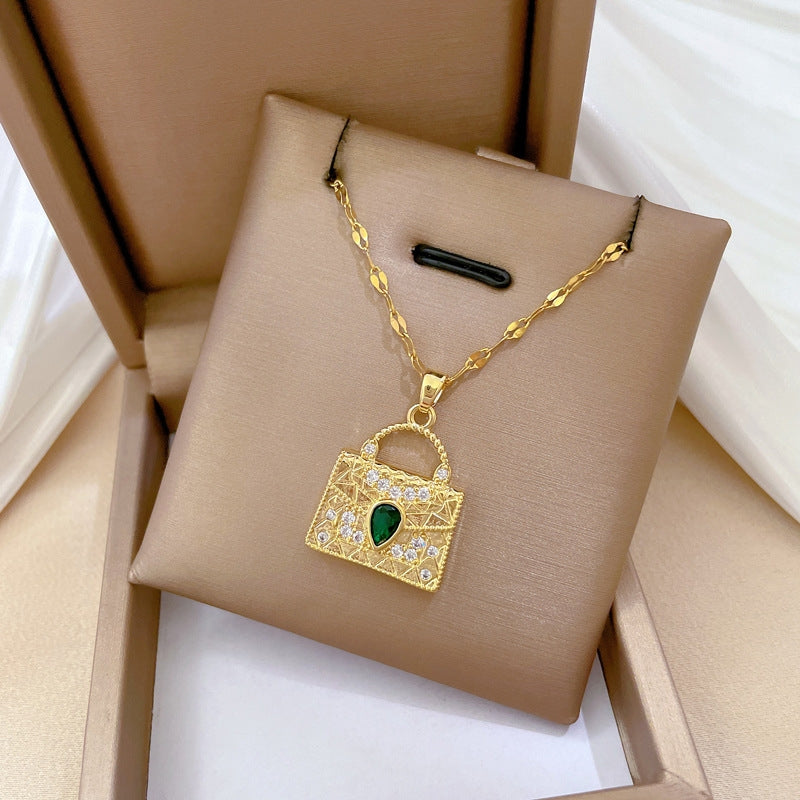 Titanium Steel Gold Plated Green Bag Zircon Pendant Necklace