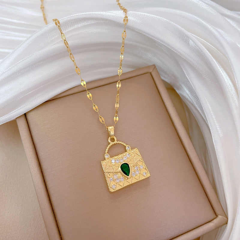 Titanium Steel Gold Plated Green Bag Zircon Pendant Necklace