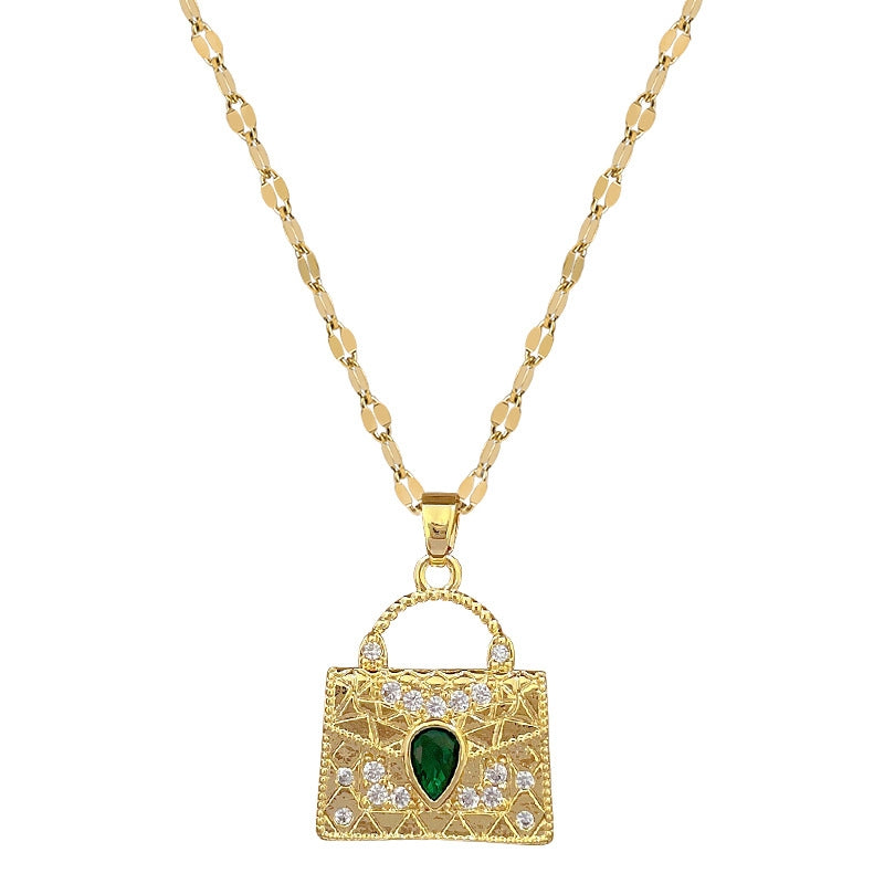 Titanium Steel Gold Plated Green Bag Zircon Pendant Necklace