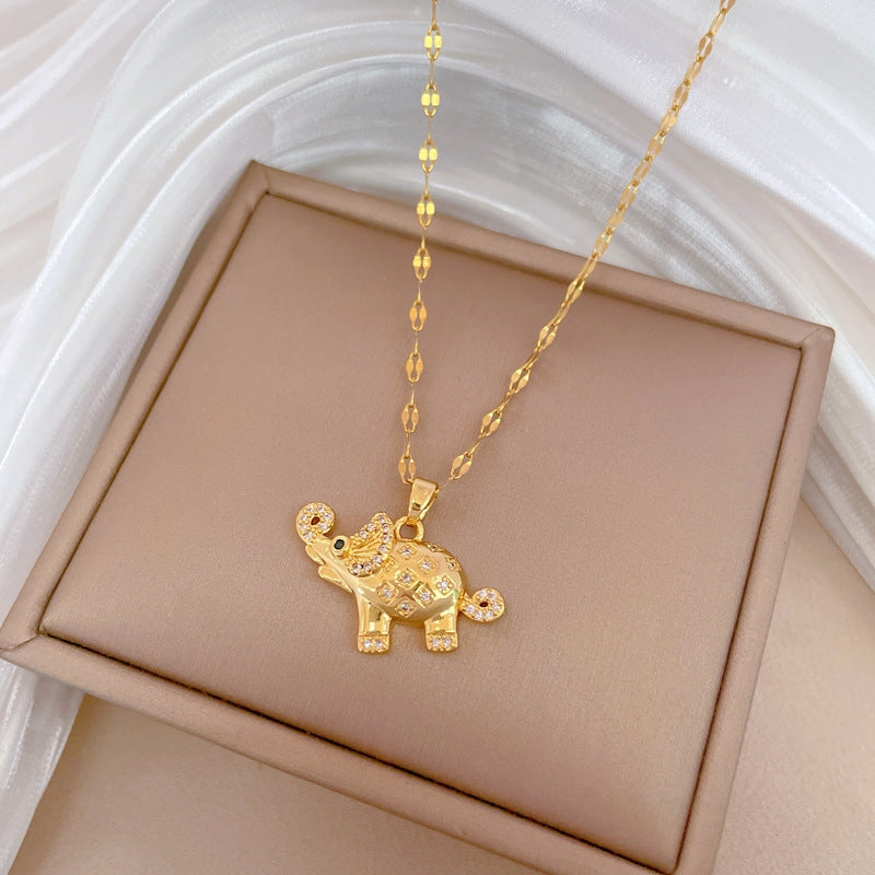 Titanium Steel Gold Plated Elephant Zircon Pendant Necklace