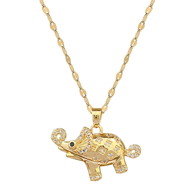 Titanium Steel Gold Plated Elephant Zircon Pendant Necklace