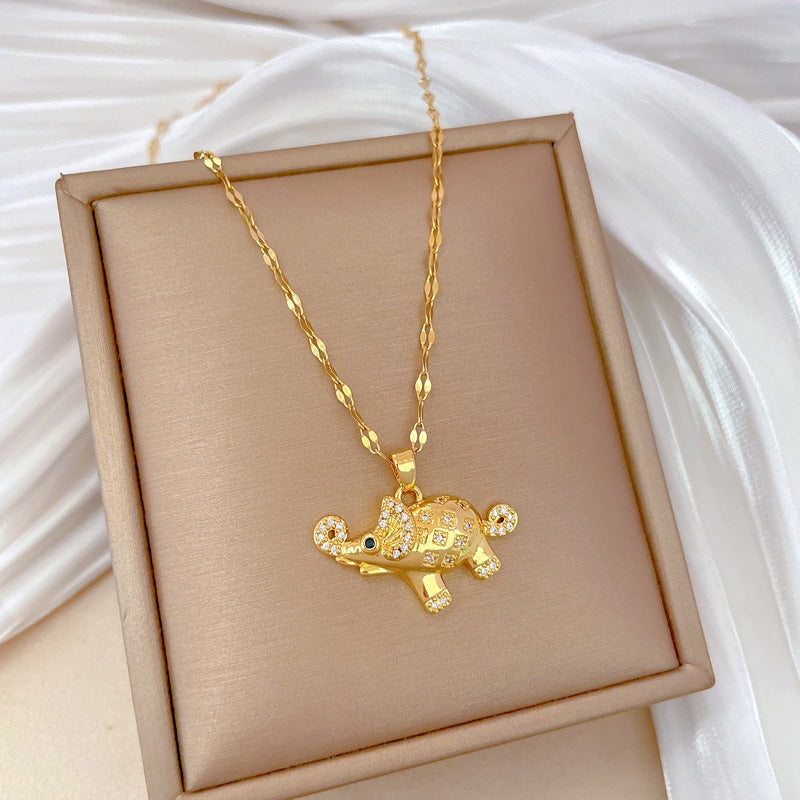 Titanium Steel Gold Plated Elephant Zircon Pendant Necklace