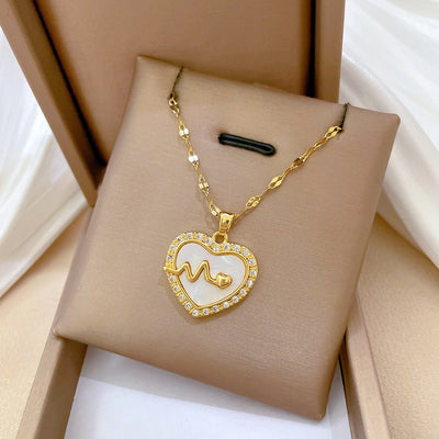 Titanium Steel Gold Plated Heart Zircon Pendant Necklace