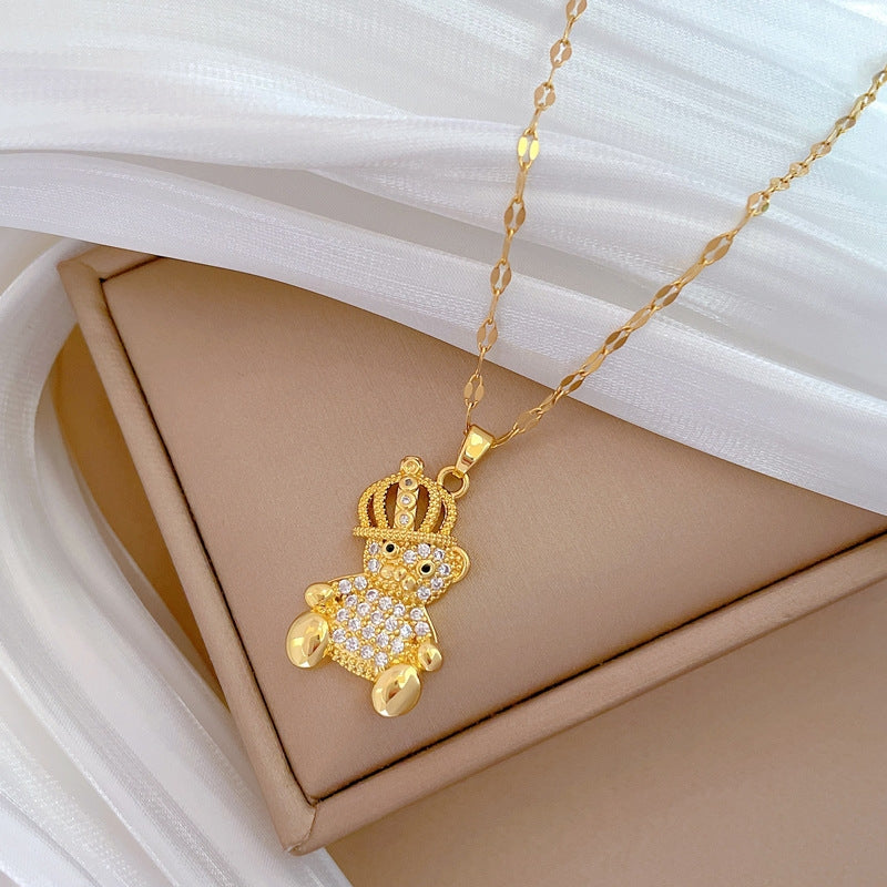 Titanium Steel Gold Plated Bear Crown Zircon Pendant Necklace