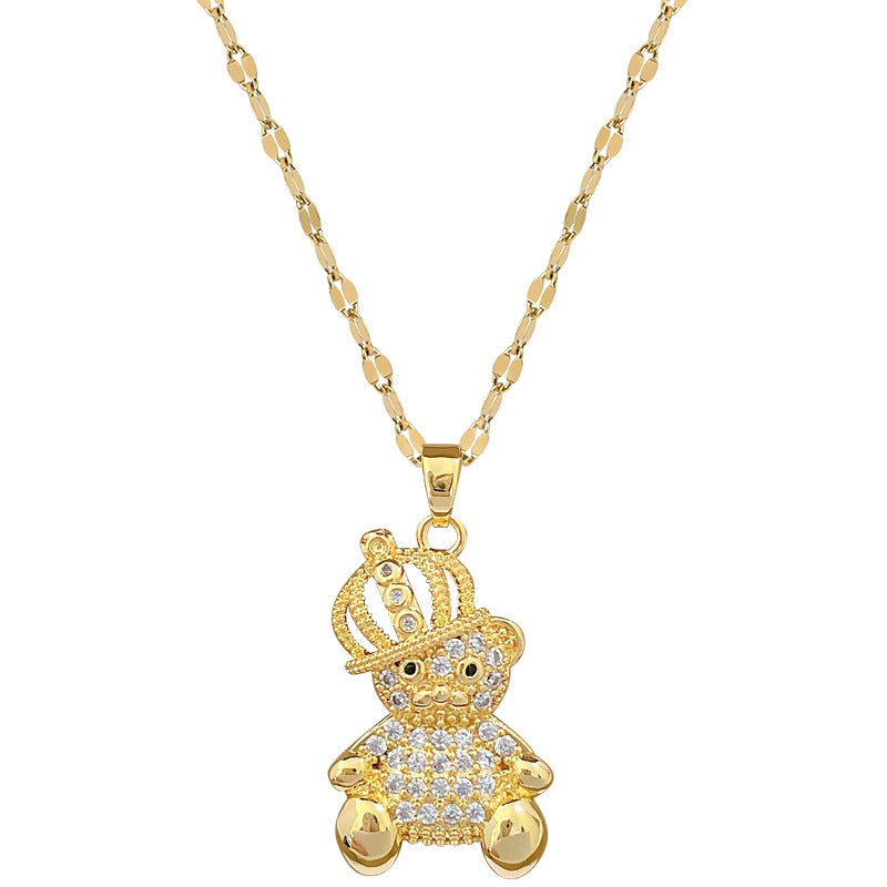 Titanium Steel Gold Plated Bear Crown Zircon Pendant Necklace