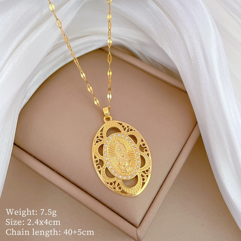 Titanium Steel Gold Plated Oval Portrait Zircon Pendant Necklace