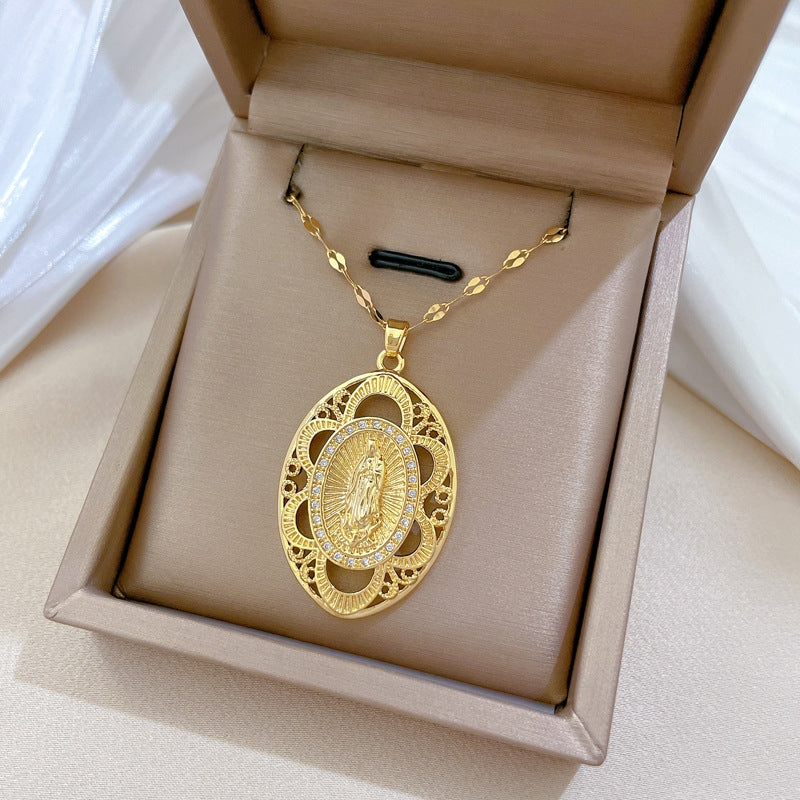 Titanium Steel Gold Plated Oval Portrait Zircon Pendant Necklace