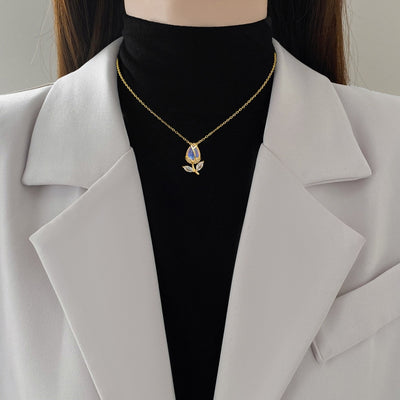 Titanium Steel Gold Plated Tulip Zircon Pendant Necklace