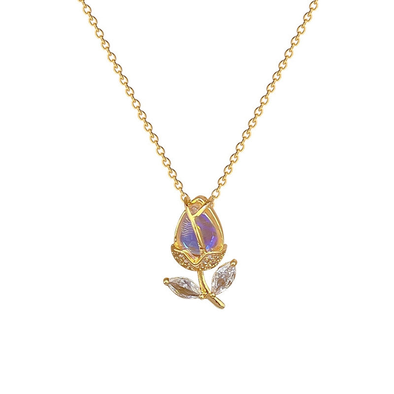 Titanium Steel Gold Plated Tulip Zircon Pendant Necklace