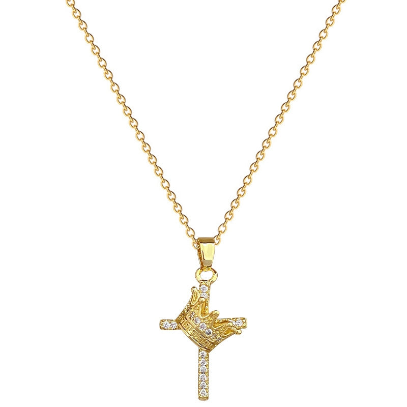 Titanium Steel Gold Plated Crown Cross Zircon Pendant Necklace