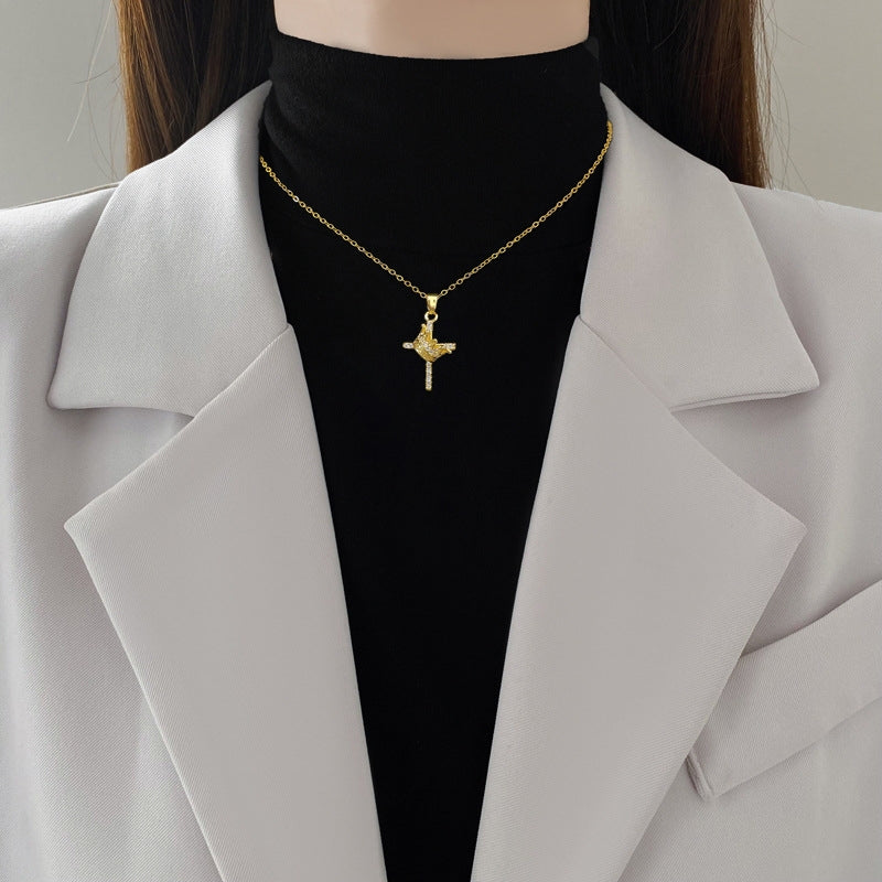 Titanium Steel Gold Plated Crown Cross Zircon Pendant Necklace