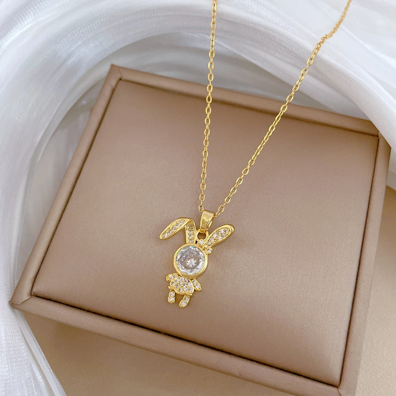 Titanium Steel Gold Plated Rabbit Zircon Pendant Necklace