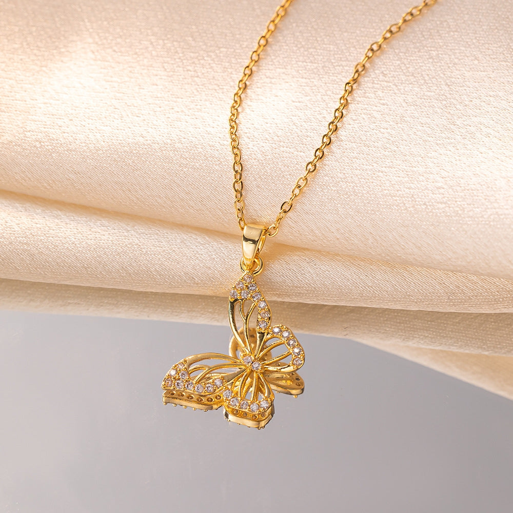 Titanium Steel Butterfly Zircon Pendant Necklace - Minimalist Design