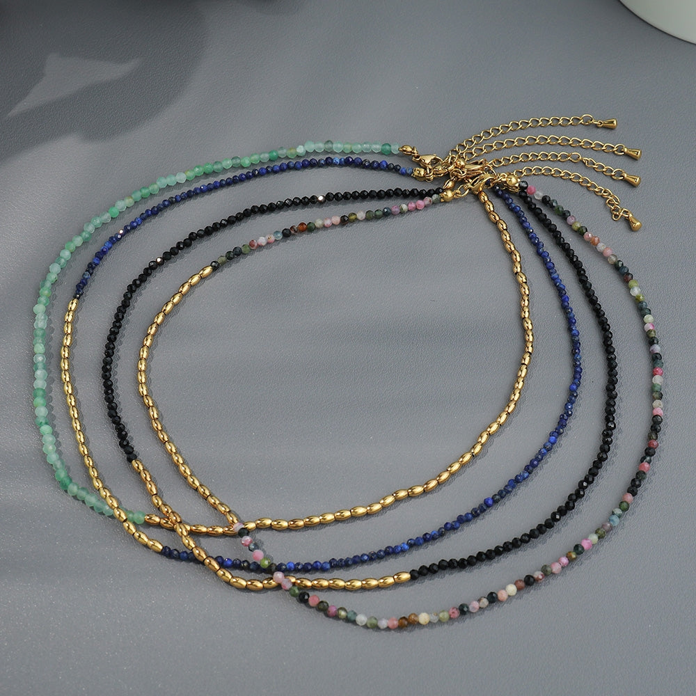 Tourmaline Titanium Steel 18K Gold Plated Bohemian Vacation Necklace with Black Spinel and Lapis Lazuli Stones