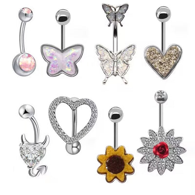 Tropical Heart-Shaped Floral Zircon Inlay Stainless Steel Navel Ring with Butterfly Design