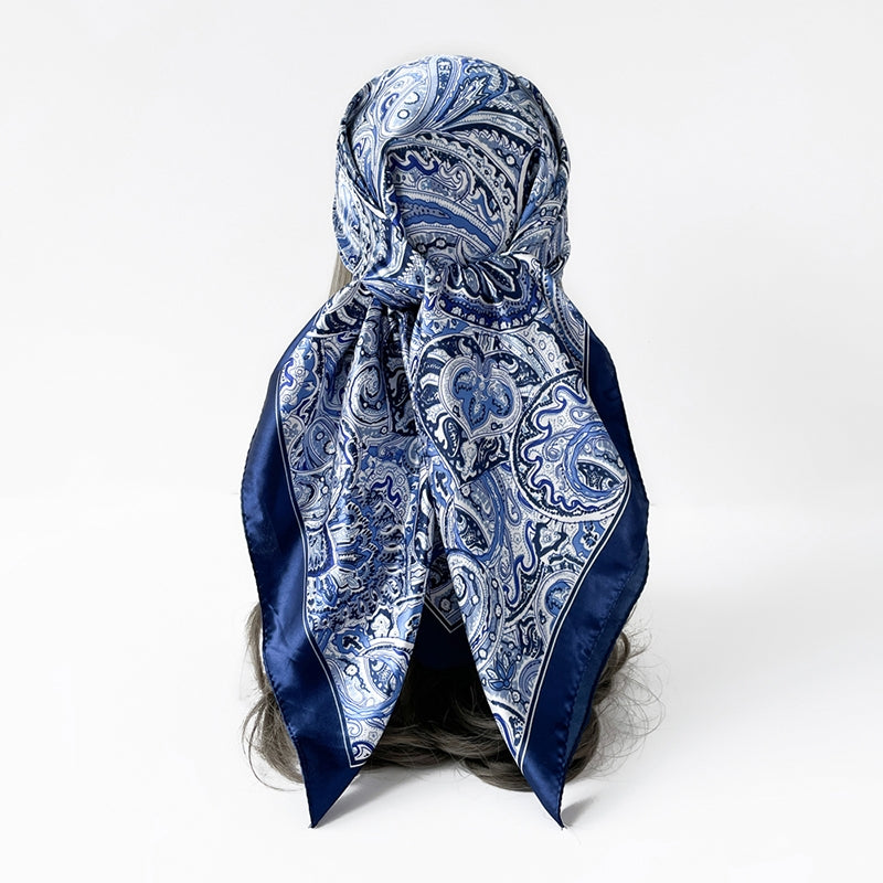 Unisex Blue Paisley Print Satin Silk Scarf Shawl