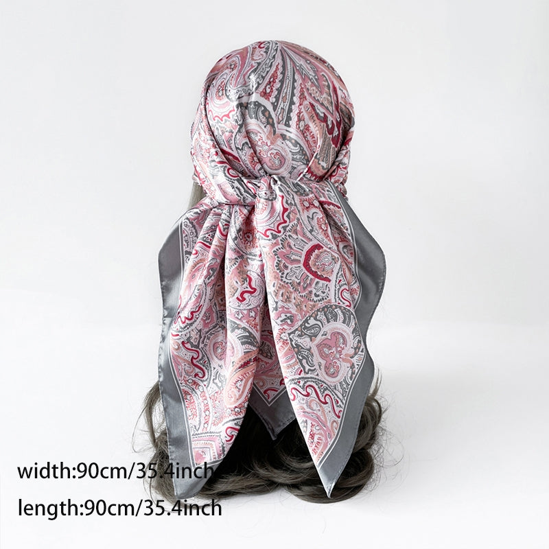 Unisex Blue Paisley Print Satin Silk Scarf Shawl