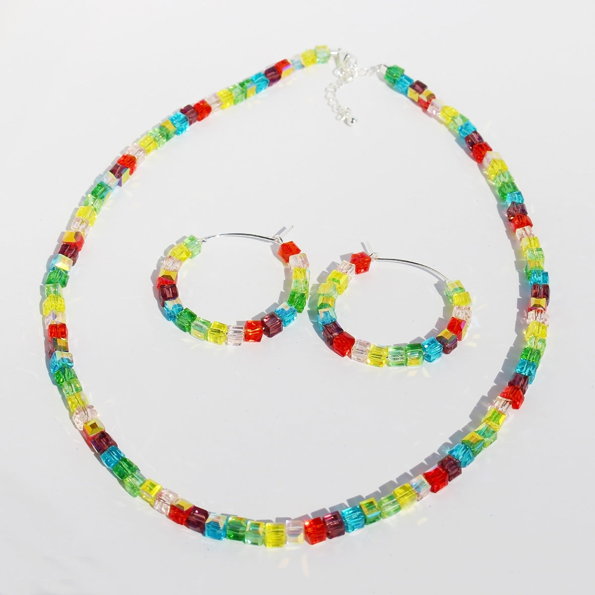 Vacation Beach Geometric Crystal Beaded 24K Gold Plated Women's Earrings and Rainbow Necklace Set